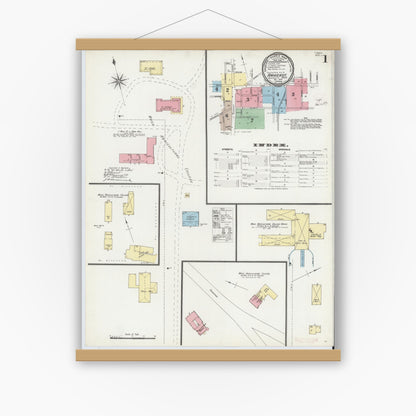 Old map wall art mockup — magnetic wood frame on white wall — Sanborn Fire Insurance Map from Amherst, Hampshire County, Massachusetts (1896), Sheet #0001