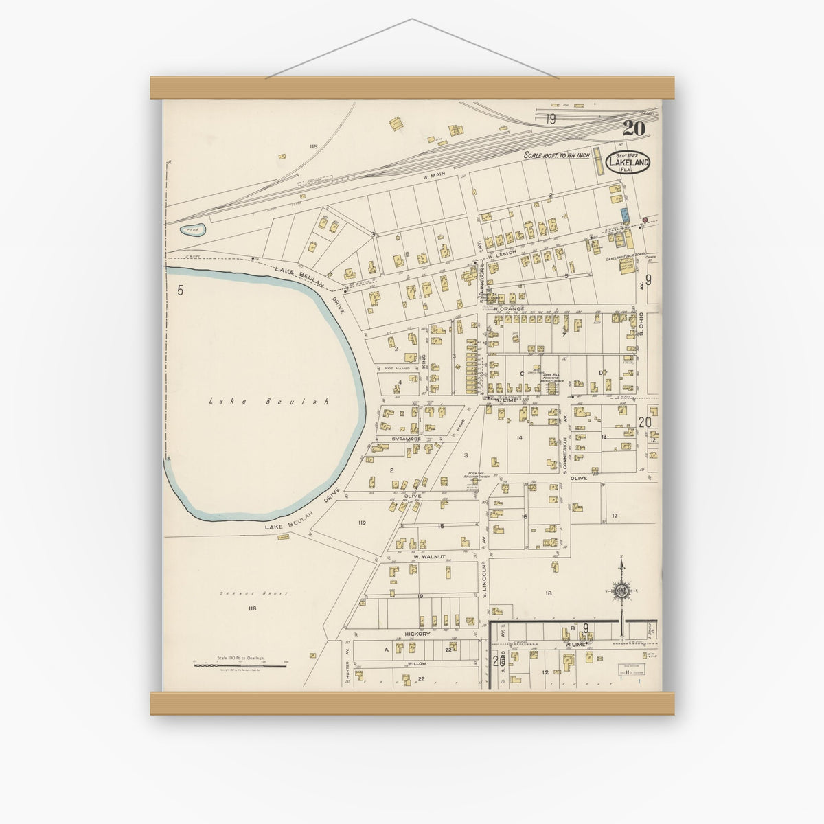 Old map wall art mockup — magnetic wood frame on white wall — Sanborn Fire Insurance Map from Lakeland, Polk County, Florida (1922), Sheet #0020