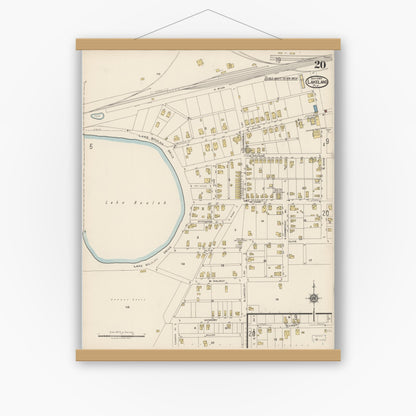 Old map wall art mockup — magnetic wood frame on white wall — Sanborn Fire Insurance Map from Lakeland, Polk County, Florida (1922), Sheet #0020