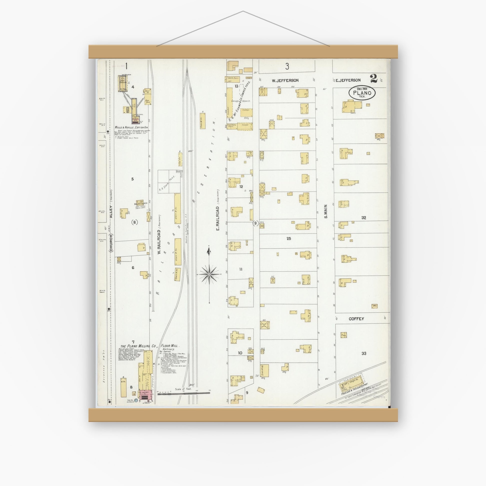 Old map wall art mockup — magnetic wood frame on white wall — Sanborn Fire Insurance Map from Plano, Collin County, Texas (1901), Sheet #0002