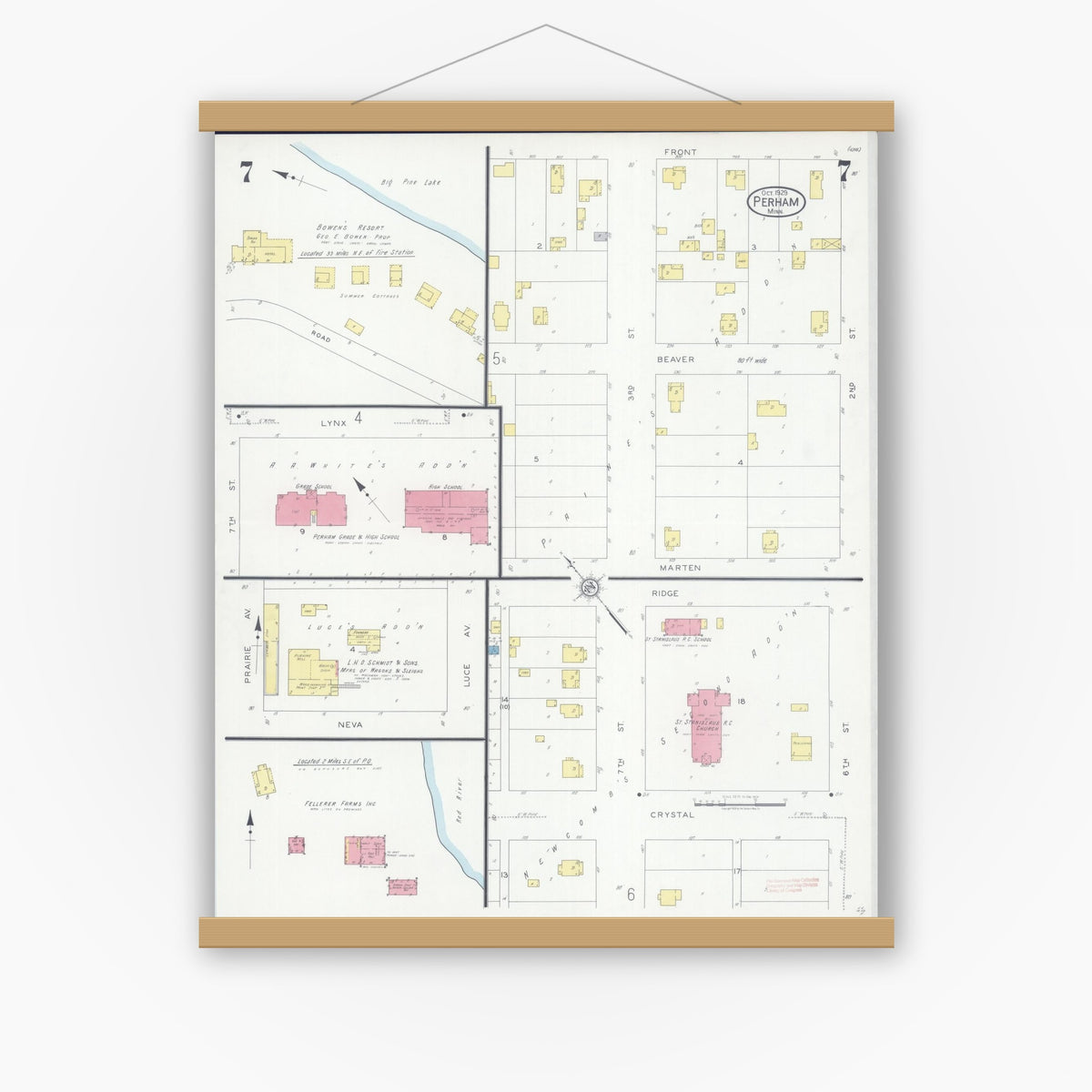Old map wall art mockup — magnetic wood frame on white wall — Sanborn Fire Insurance Map from Perham, Otter Tail County, Minnesota (1929), Sheet #0007