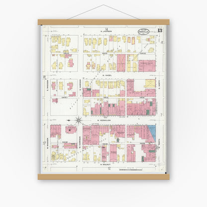 Old map wall art mockup — magnetic wood frame on white wall — Sanborn Fire Insurance Map from Danville, Vermilion County, Illinois (1909), Sheet #0013