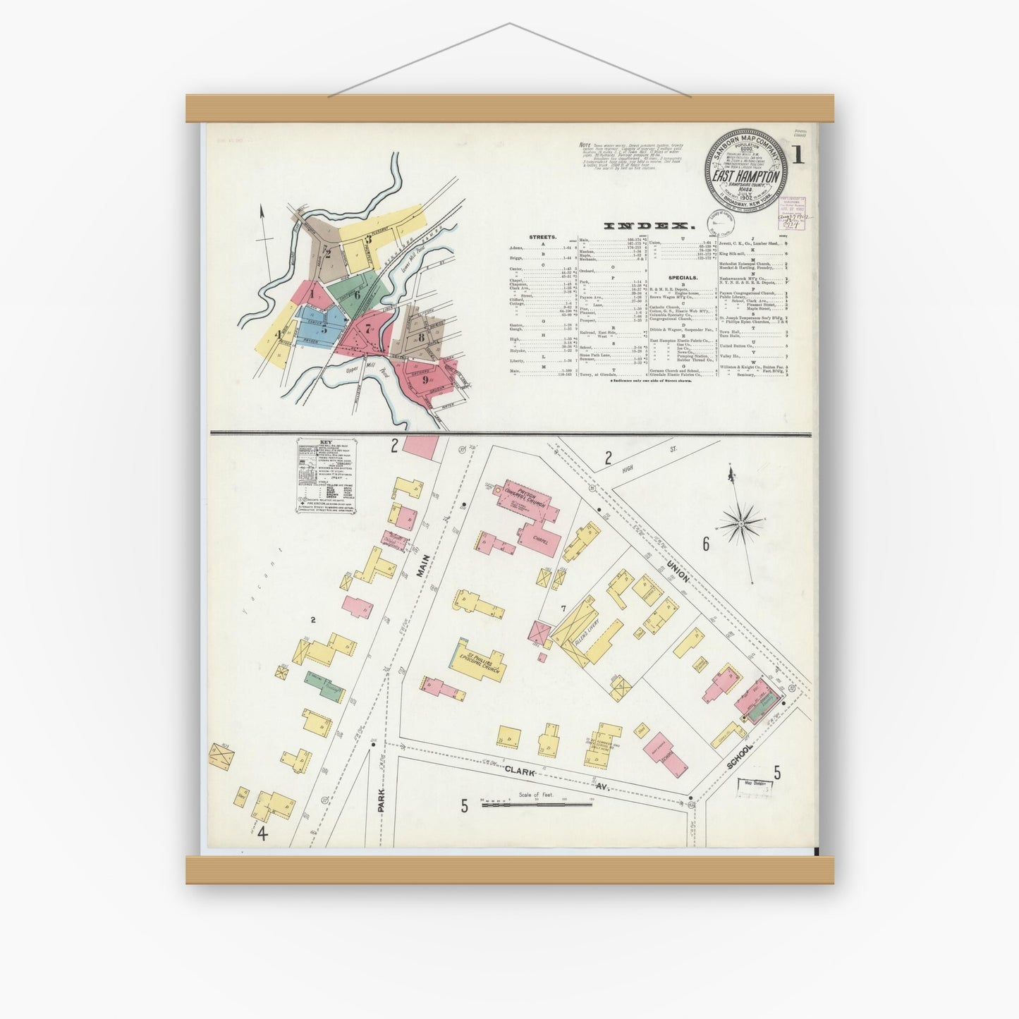 Old map wall art mockup — magnetic wood frame on white wall — Sanborn Fire Insurance Map from East Hampton, Hampshire County, Massachusetts (1902) - Complete Map Set