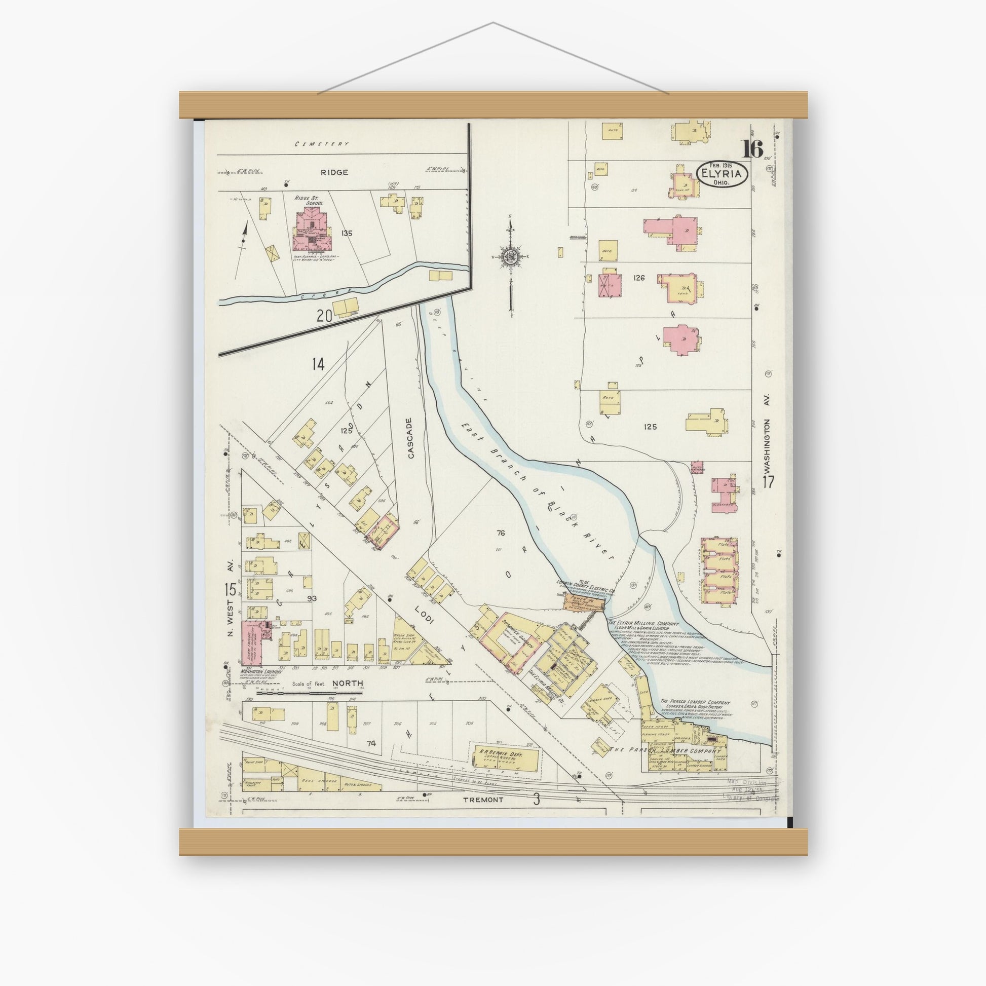 Old map wall art mockup — magnetic wood frame on white wall — Sanborn Fire Insurance Map from Elyria, Lorain County, Ohio (1915), Sheet #0016
