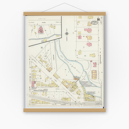 Old map wall art mockup — magnetic wood frame on white wall — Sanborn Fire Insurance Map from Elyria, Lorain County, Ohio (1915), Sheet #0016