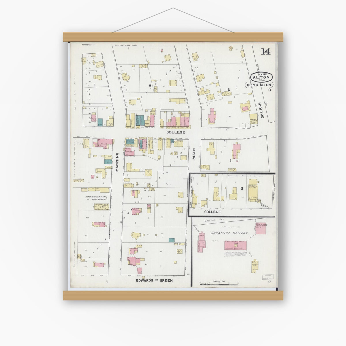Old map wall art mockup — magnetic wood frame on white wall — Sanborn Fire Insurance Map from Alton, Madison County, Illinois (1892), Sheet #0014
