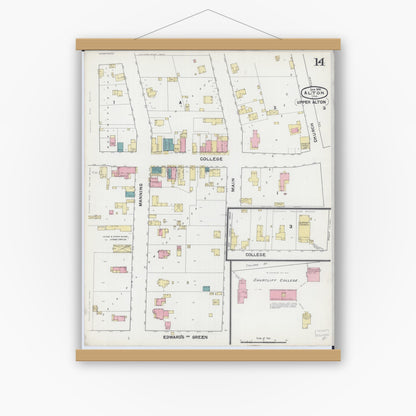 Old map wall art mockup — magnetic wood frame on white wall — Sanborn Fire Insurance Map from Alton, Madison County, Illinois (1892), Sheet #0014