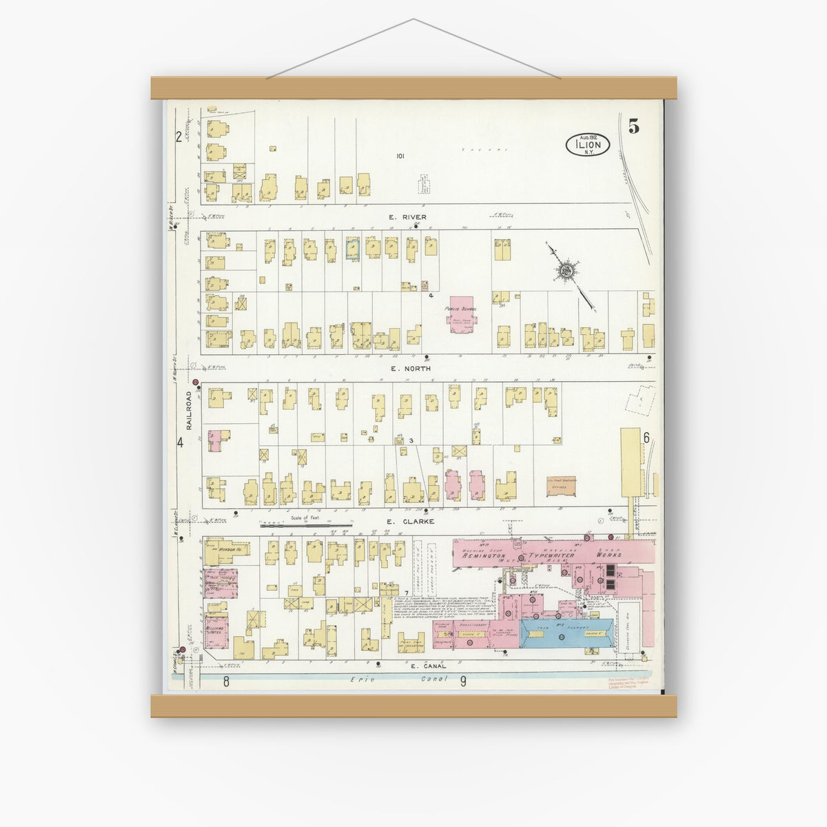 Old map wall art mockup — magnetic wood frame on white wall — Sanborn Fire Insurance Map from Ilion, Herkimer County, New York (1912), Sheet #0005