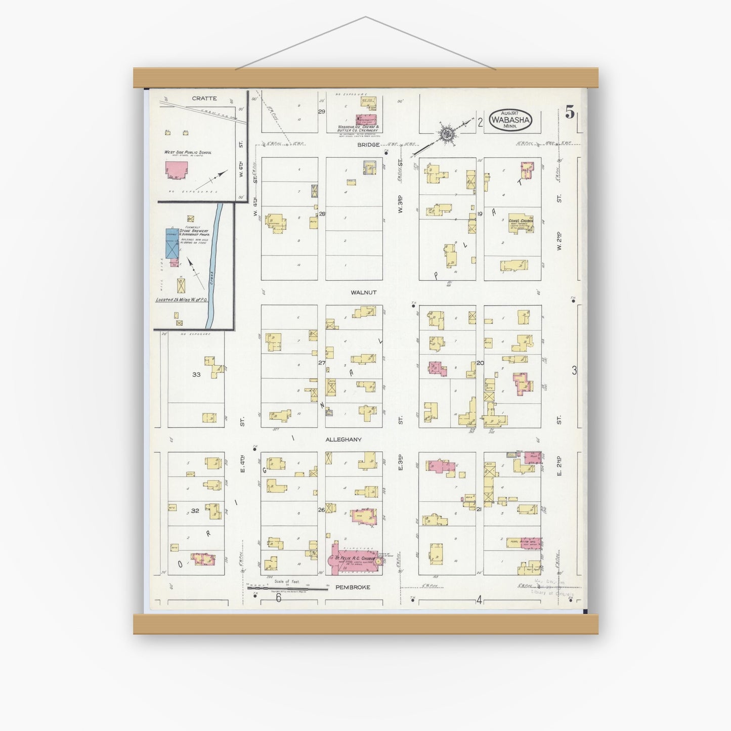 Old map wall art mockup — magnetic wood frame on white wall — Sanborn Fire Insurance Map from Wabasha, Wabasha County, Minnesota (1917), Sheet #0005