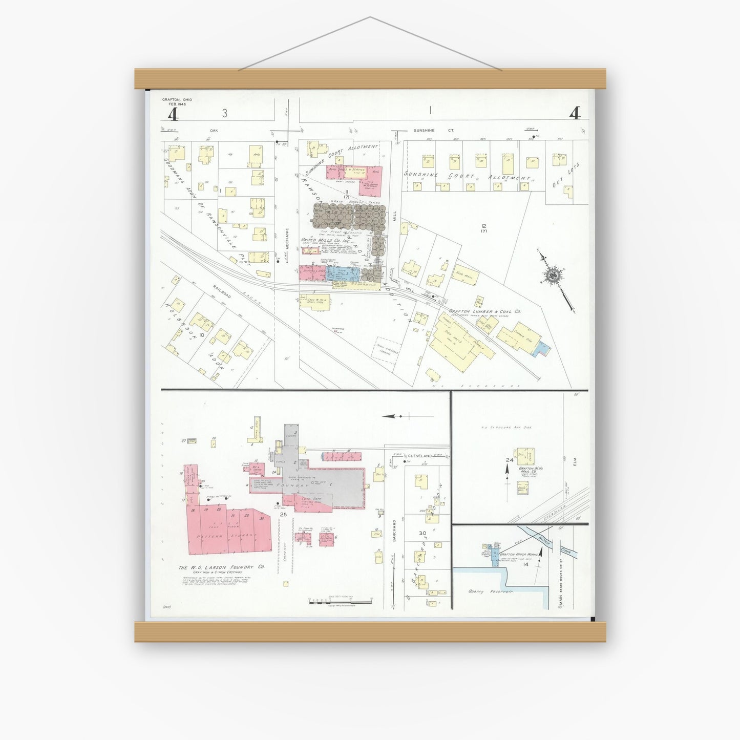 Old map wall art mockup — magnetic wood frame on white wall — Sanborn Fire Insurance Map from Grafton, Lorain County, Ohio (1946), Sheet #0004