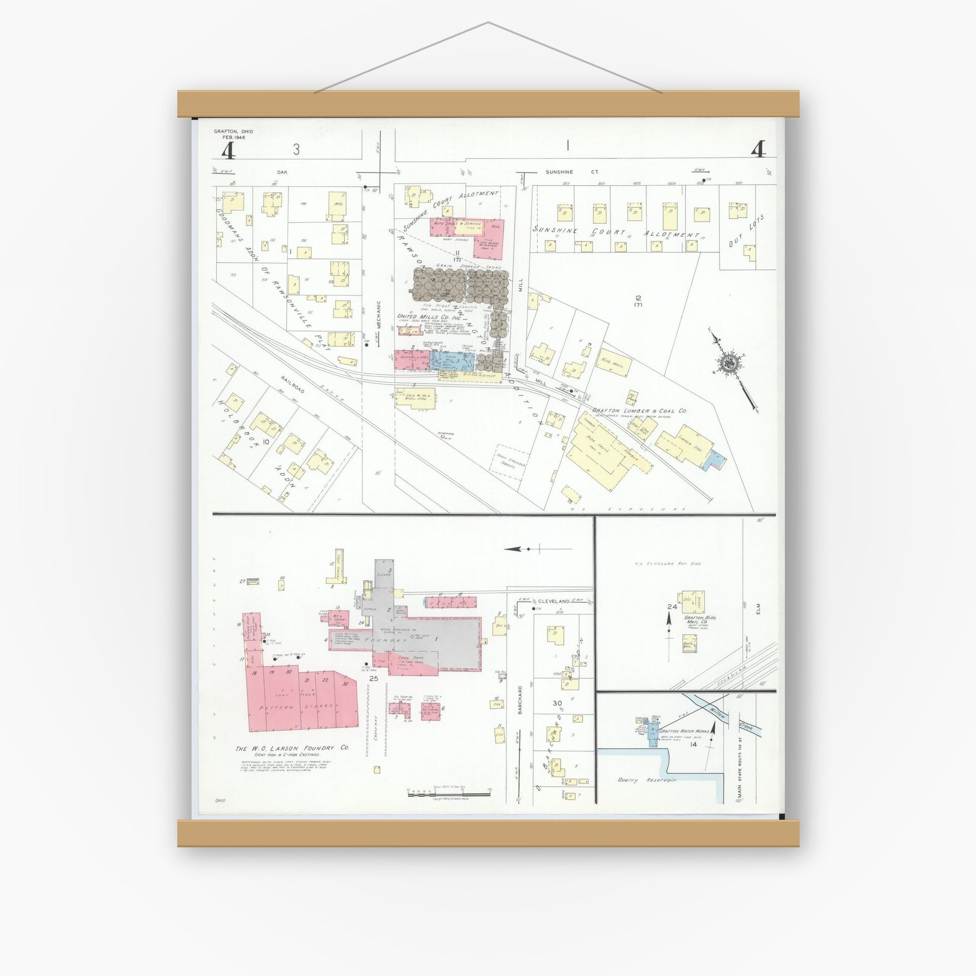 Old map wall art mockup — magnetic wood frame on white wall — Sanborn Fire Insurance Map from Grafton, Lorain County, Ohio (1946), Sheet #0004