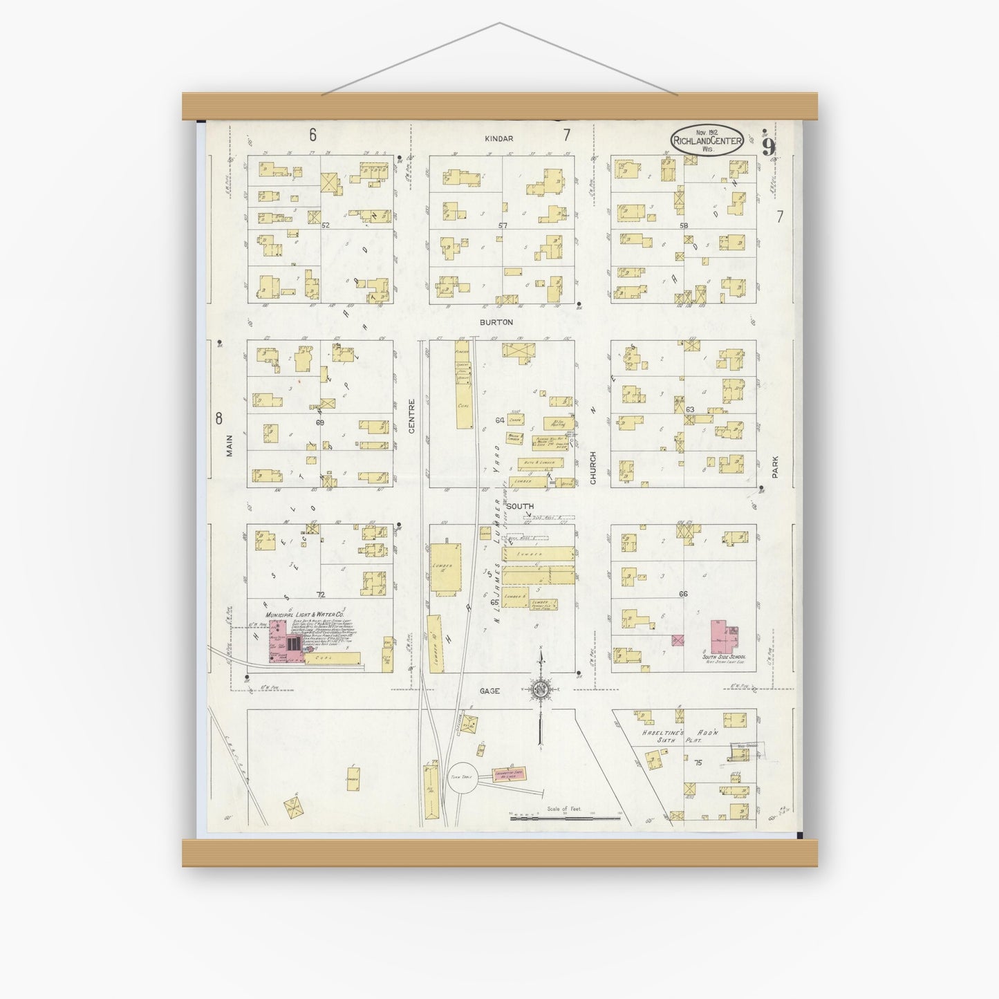 Old map wall art mockup — magnetic wood frame on white wall — Sanborn Fire Insurance Map from Richland Center, Richland County, Wisconsin (1912), Sheet #0009