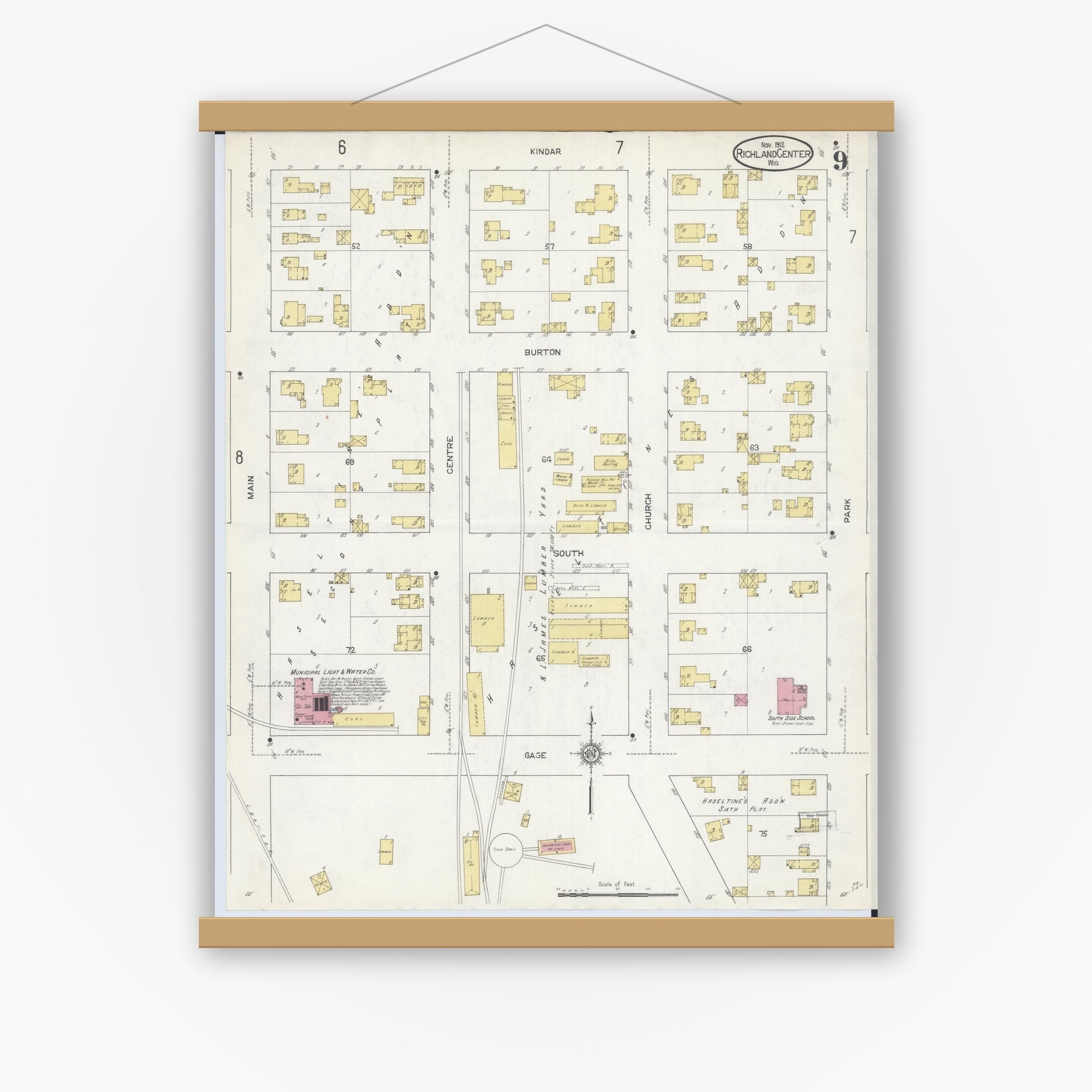 Old map wall art mockup — magnetic wood frame on white wall — Sanborn Fire Insurance Map from Richland Center, Richland County, Wisconsin (1912), Sheet #0009