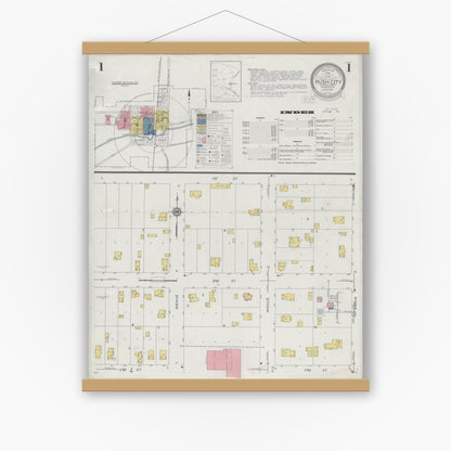 Old map wall art mockup — magnetic wood frame on white wall — Sanborn Fire Insurance Map from Rush City, Chisago County, Minnesota (1931), Sheet #0001