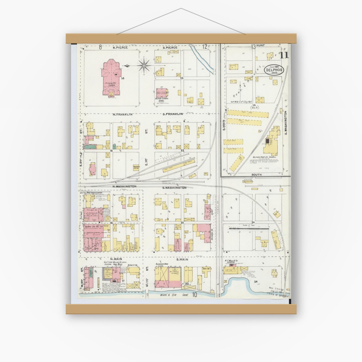 Old map wall art mockup — magnetic wood frame on white wall — Sanborn Fire Insurance Map from Delphos, Van Wert And Allen Counties, Ohio (1904), Sheet #0011