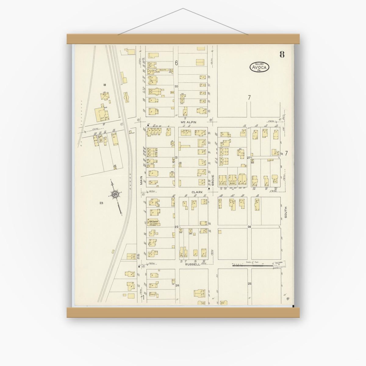Old map wall art mockup — magnetic wood frame on white wall — Sanborn Fire Insurance Map from Avoca, Luzerne County, Pennsylvania (1913), Sheet #0008