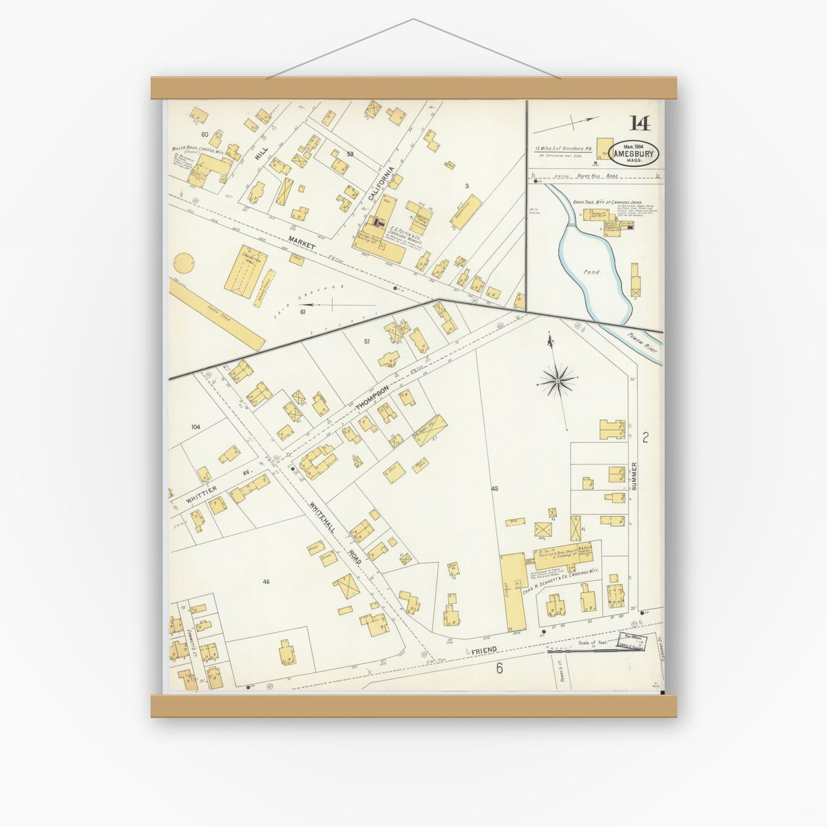 Old map wall art mockup — magnetic wood frame on white wall — Sanborn Fire Insurance Map from Amesbury, Essex County, Massachusetts (1904), Sheet #0014