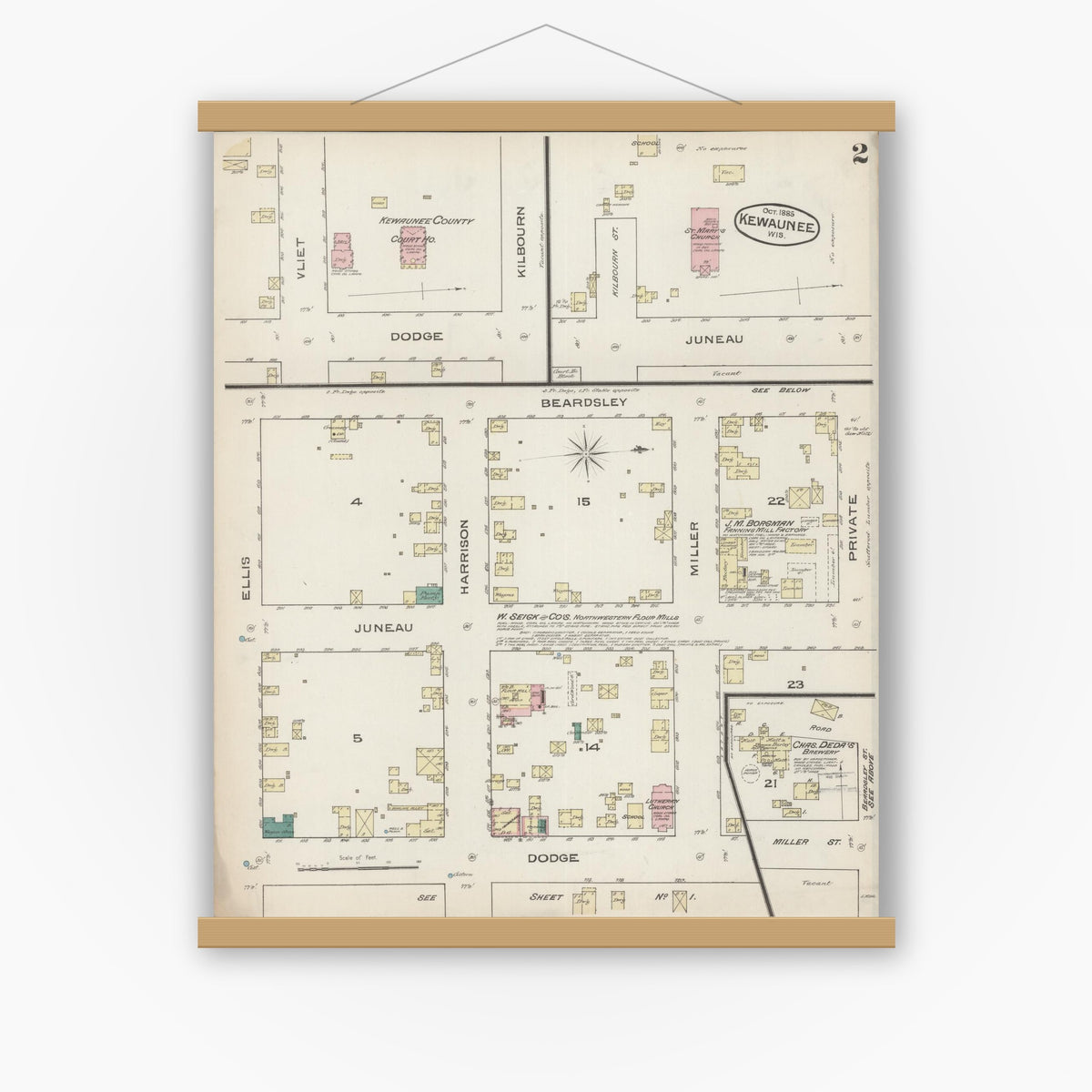 Old map wall art mockup — magnetic wood frame on white wall — Sanborn Fire Insurance Map from Kewaunee, Kewaunee County, Wisconsin (1885), Sheet #0002