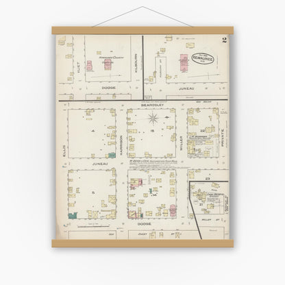 Old map wall art mockup — magnetic wood frame on white wall — Sanborn Fire Insurance Map from Kewaunee, Kewaunee County, Wisconsin (1885), Sheet #0002