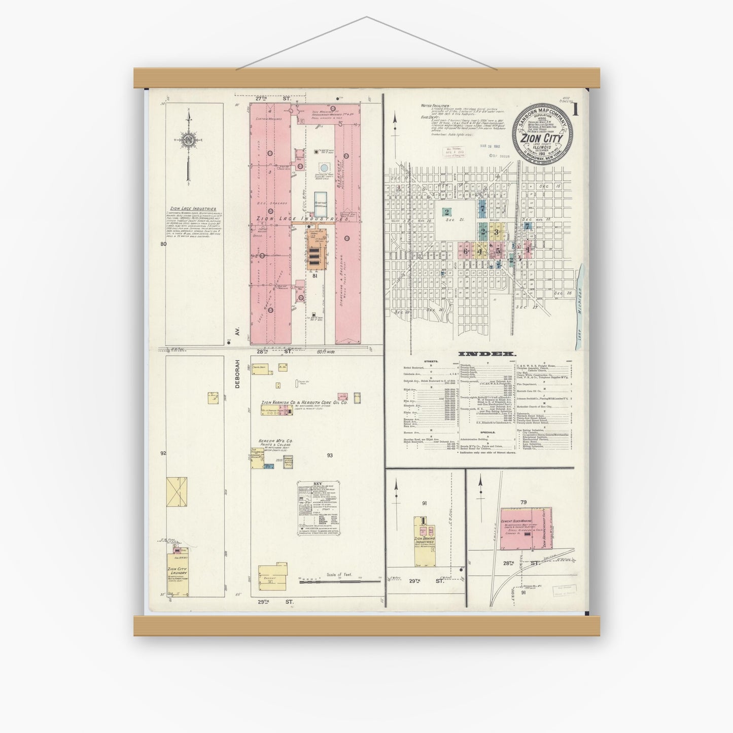 Old map wall art mockup — magnetic wood frame on white wall — Sanborn Fire Insurance Map from Zion, Lake County, Illinois (1911), Sheet #0001
