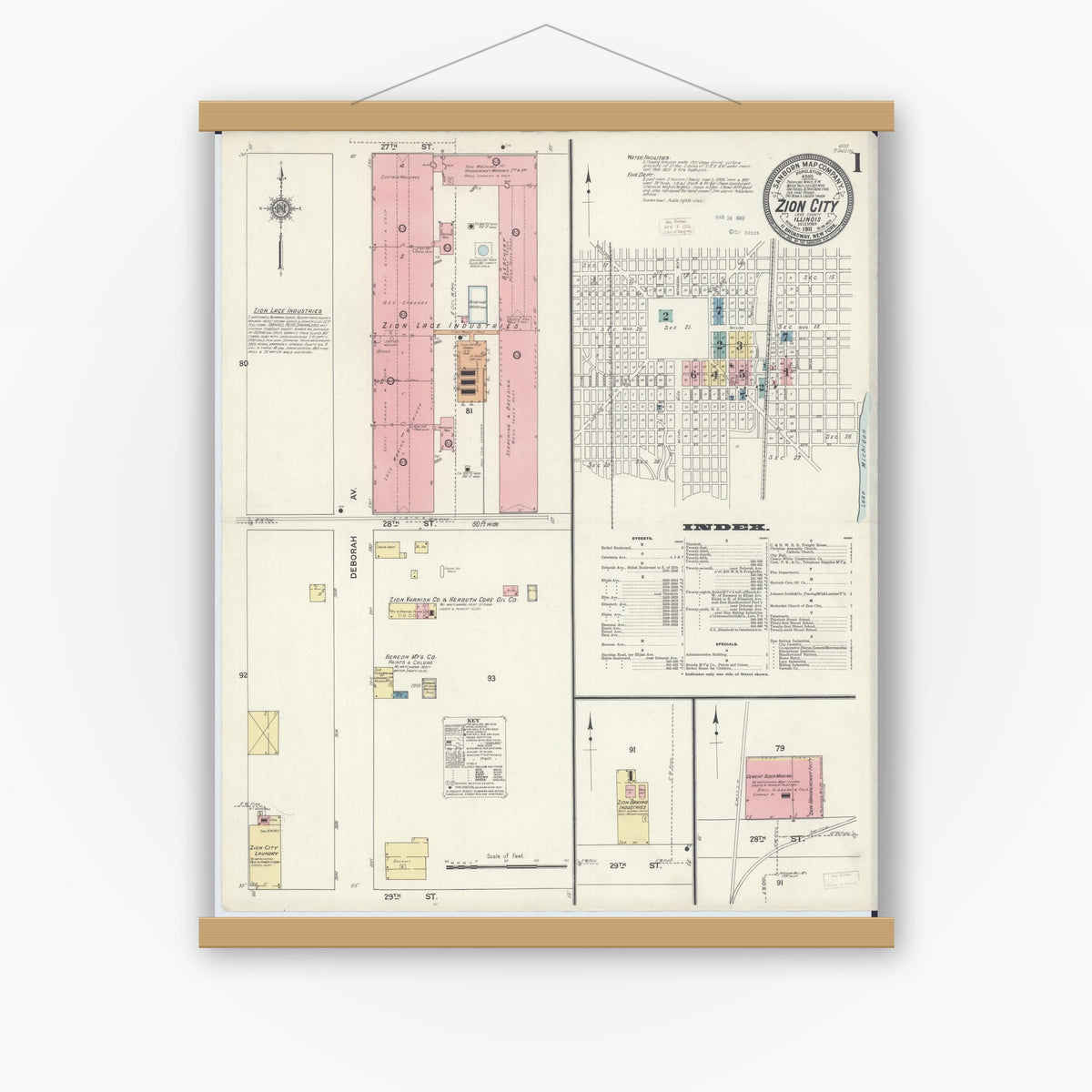 Old map wall art mockup — magnetic wood frame on white wall — Sanborn Fire Insurance Map from Zion, Lake County, Illinois (1911), Sheet #0001