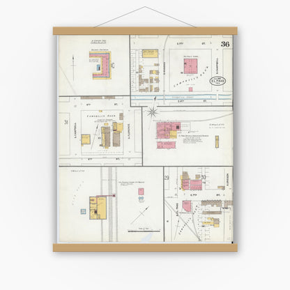 Old map wall art mockup — magnetic wood frame on white wall — Sanborn Fire Insurance Map from El Paso, El Paso County, Texas (1905), Sheet #0036