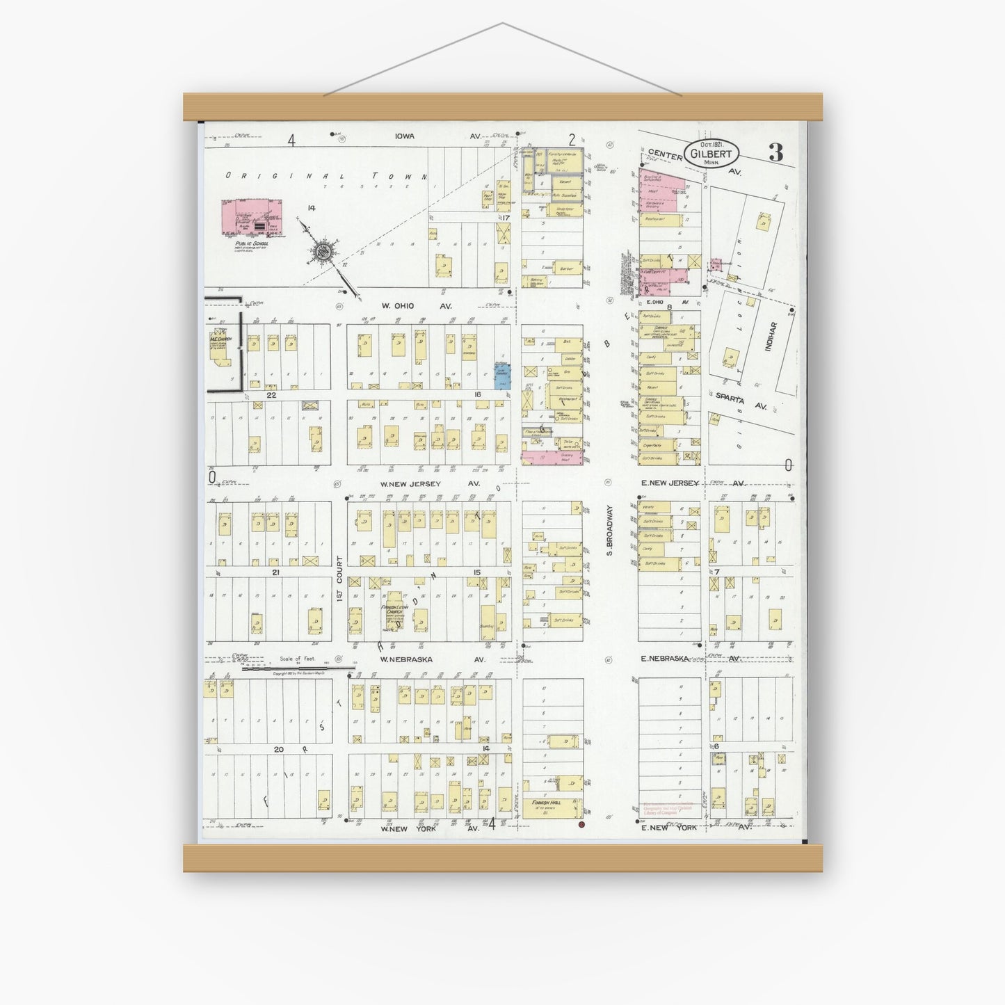 Old map wall art mockup — magnetic wood frame on white wall — Sanborn Fire Insurance Map from Gilbert, Saint Louis County, Minnesota (1921), Sheet #0003