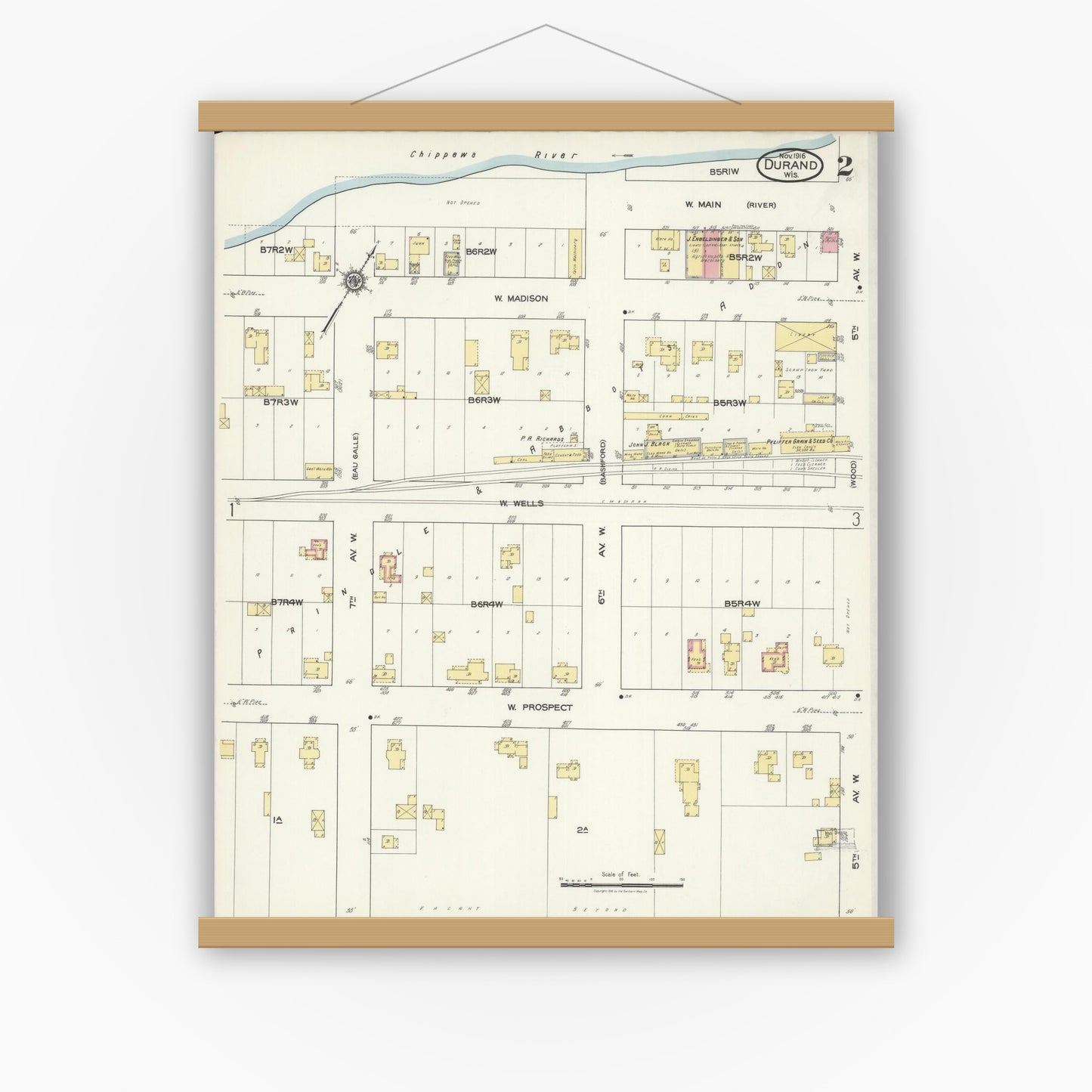 Old map wall art mockup — magnetic wood frame on white wall — Sanborn Fire Insurance Map from Durand, Pepin County, Wisconsin (1916), Sheet #0002