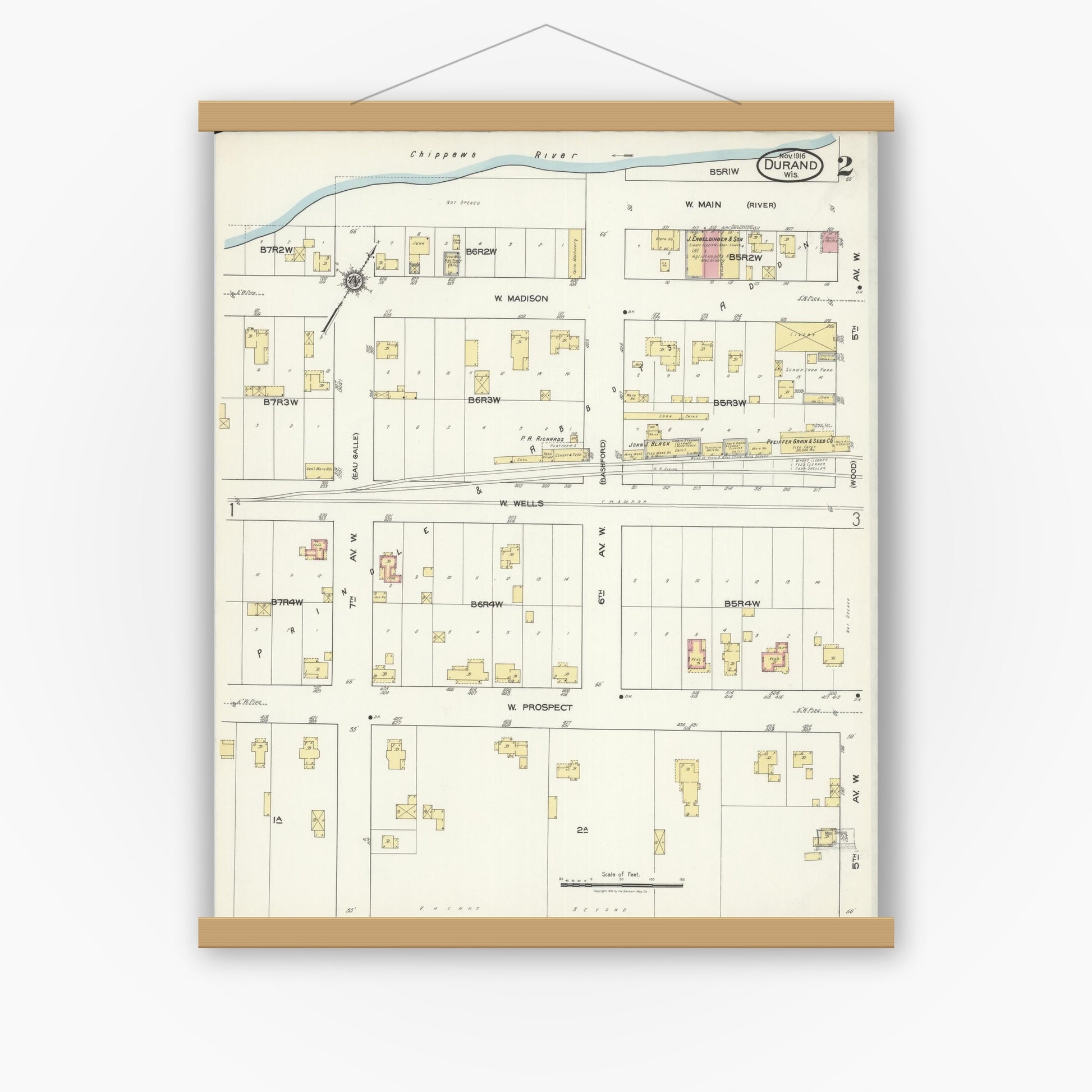 Old map wall art mockup — magnetic wood frame on white wall — Sanborn Fire Insurance Map from Durand, Pepin County, Wisconsin (1916), Sheet #0002