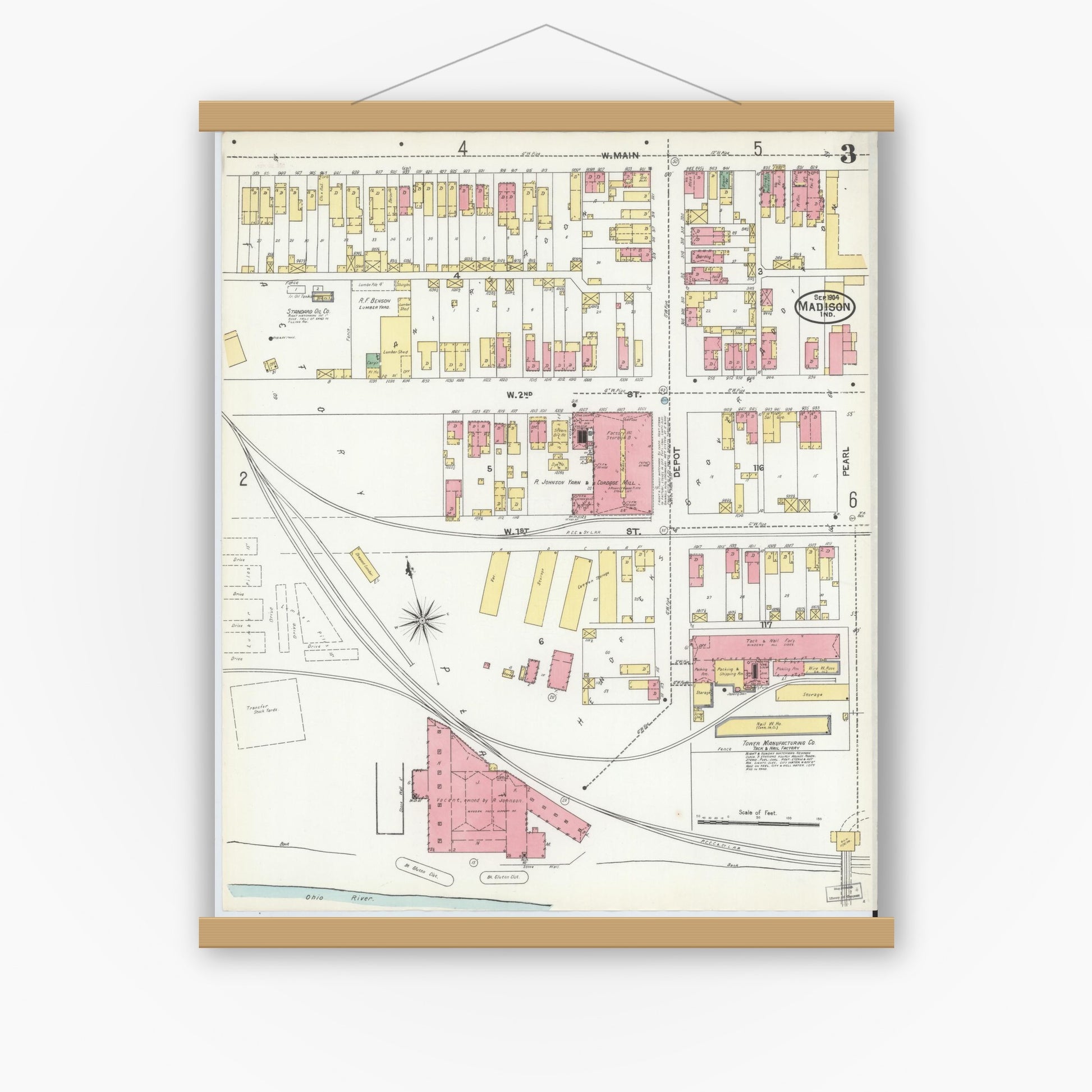 Old map wall art mockup — magnetic wood frame on white wall — Sanborn Fire Insurance Map from Madison, Jefferson County, Indiana (1904), Sheet #0003