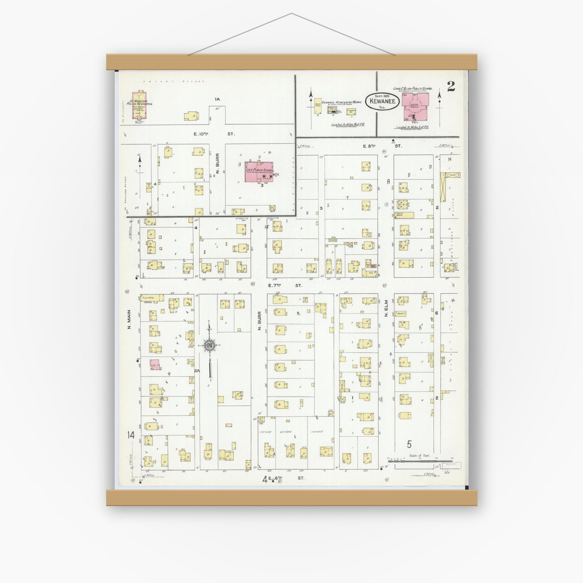 Old map wall art mockup — magnetic wood frame on white wall — Sanborn Fire Insurance Map from Kewanee, Henry County, Illinois (1910), Sheet #0002