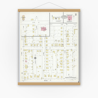 Old map wall art mockup — magnetic wood frame on white wall — Sanborn Fire Insurance Map from Kewanee, Henry County, Illinois (1910), Sheet #0002