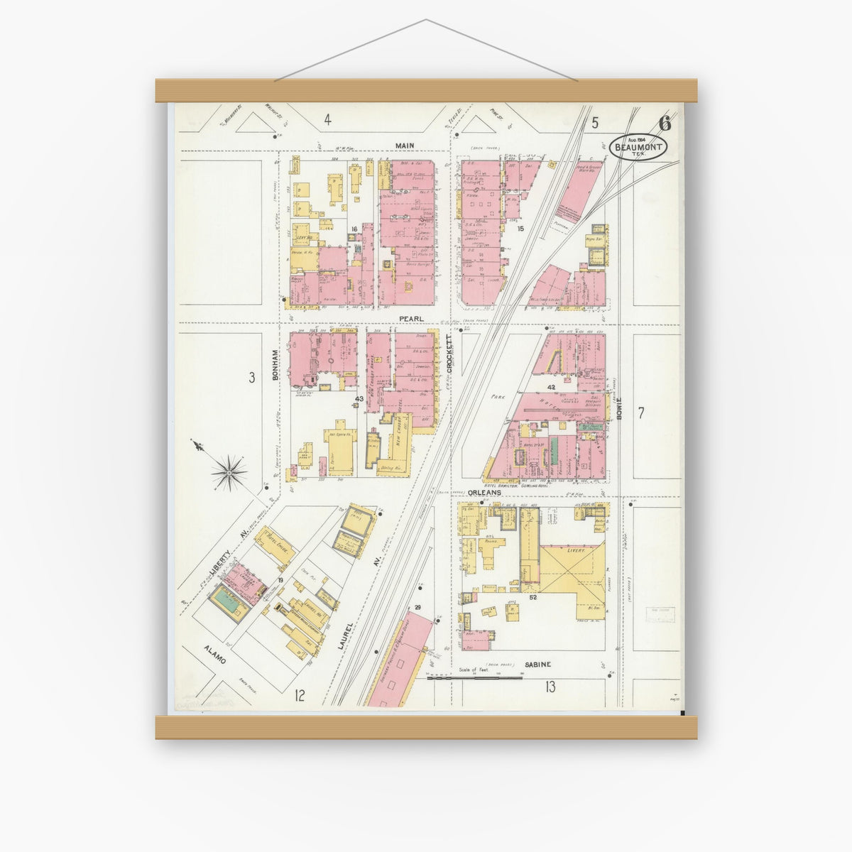 Old map wall art mockup — magnetic wood frame on white wall — Sanborn Fire Insurance Map from Beaumont, Jefferson County, Texas (1904), Sheet #0006
