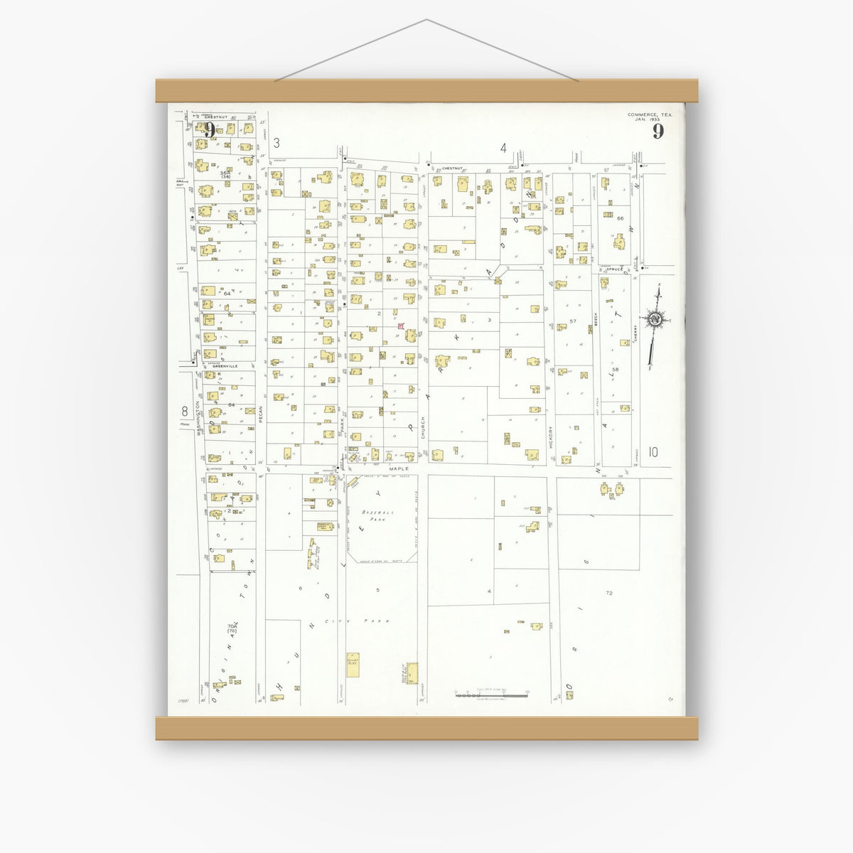 Old map wall art mockup — magnetic wood frame on white wall — Sanborn Fire Insurance Map from Commerce, Hunt County, Texas (1933), Sheet #0009
