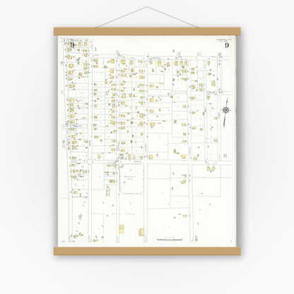 Old map wall art mockup — magnetic wood frame on white wall — Sanborn Fire Insurance Map from Commerce, Hunt County, Texas (1933), Sheet #0009