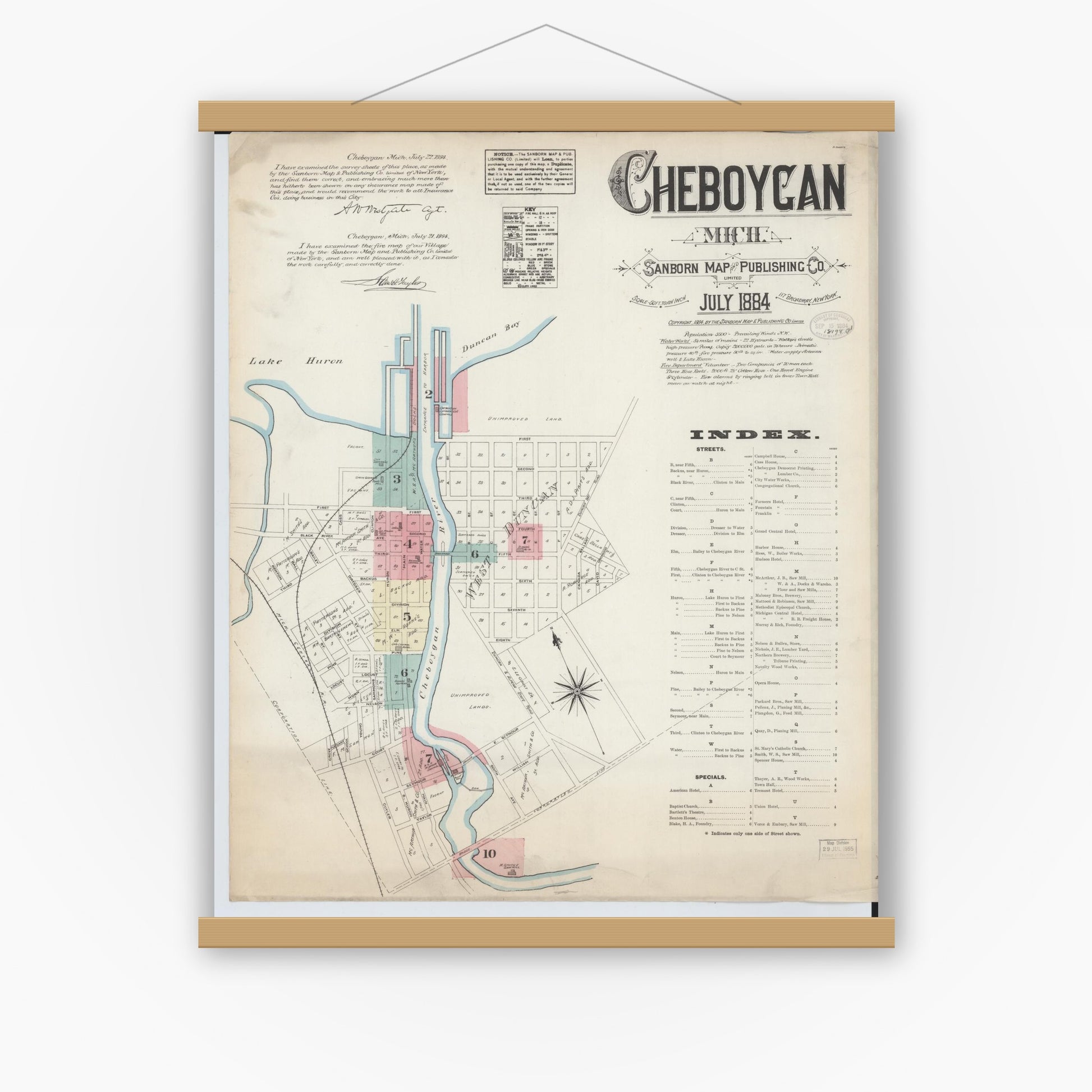 Old map wall art mockup — magnetic wood frame on white wall — Sanborn Fire Insurance Map from Cheboygan, Cheboygan County, Michigan (1884) - Complete Map Set