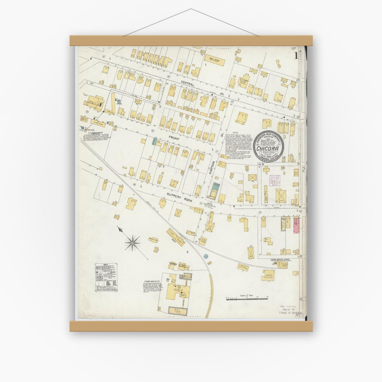 Old map wall art mockup — magnetic wood frame on white wall — Sanborn Fire Insurance Map from Chicora, Butler County, Pennsylvania (1906) - Complete Map Set