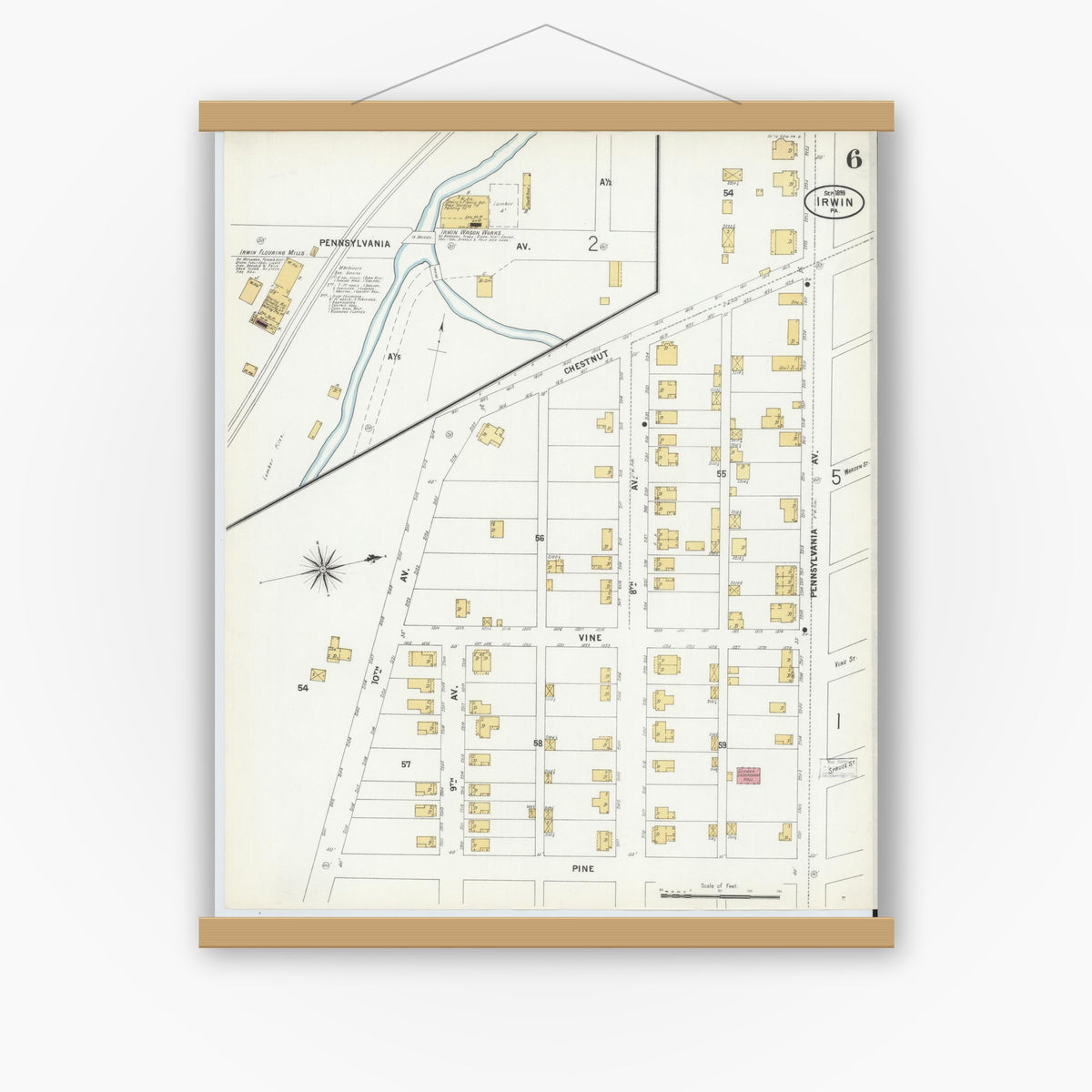 Old map wall art mockup — magnetic wood frame on white wall — Sanborn Fire Insurance Map from Irwin, Westmoreland County, Pennsylvania (1899), Sheet #0006