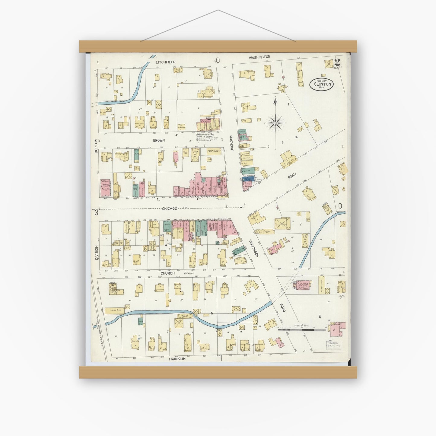 Old map wall art mockup — magnetic wood frame on white wall — Sanborn Fire Insurance Map from Clinton, Lenawee County, Michigan (1907), Sheet #0002