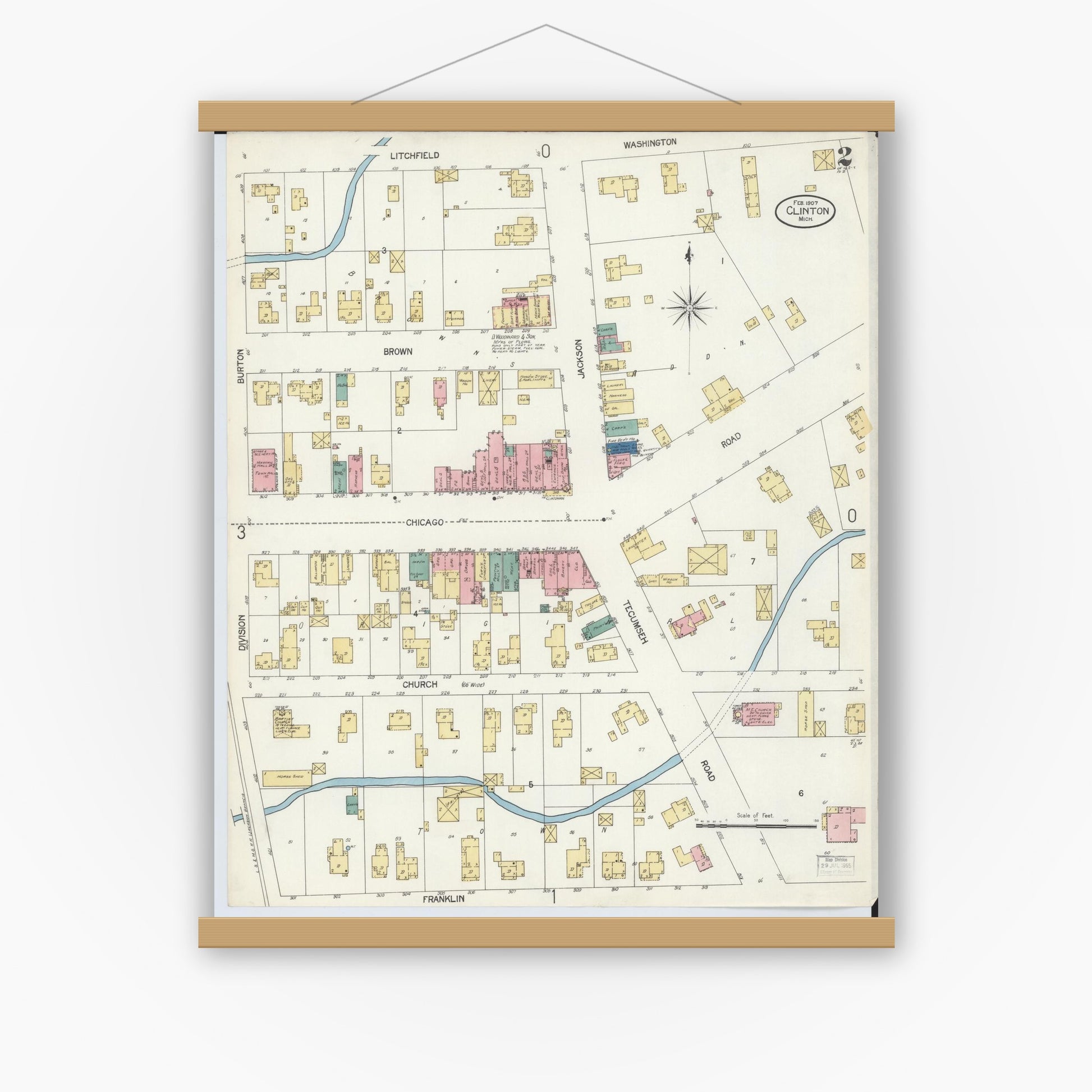 Old map wall art mockup — magnetic wood frame on white wall — Sanborn Fire Insurance Map from Clinton, Lenawee County, Michigan (1907), Sheet #0002