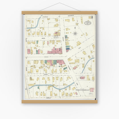 Old map wall art mockup — magnetic wood frame on white wall — Sanborn Fire Insurance Map from Clinton, Lenawee County, Michigan (1907), Sheet #0002