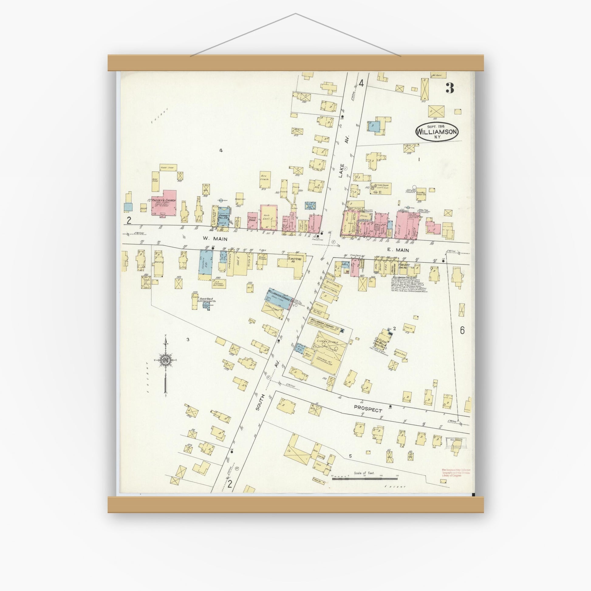 Old map wall art mockup — magnetic wood frame on white wall — Sanborn Fire Insurance Map from Williamson, Wayne County, New York (1914), Sheet #0003