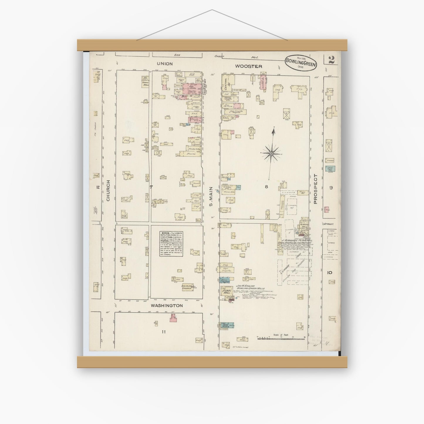 Old map wall art mockup — magnetic wood frame on white wall — Sanborn Fire Insurance Map from Bowling Green, Wood County, Ohio (1884), Sheet #0002
