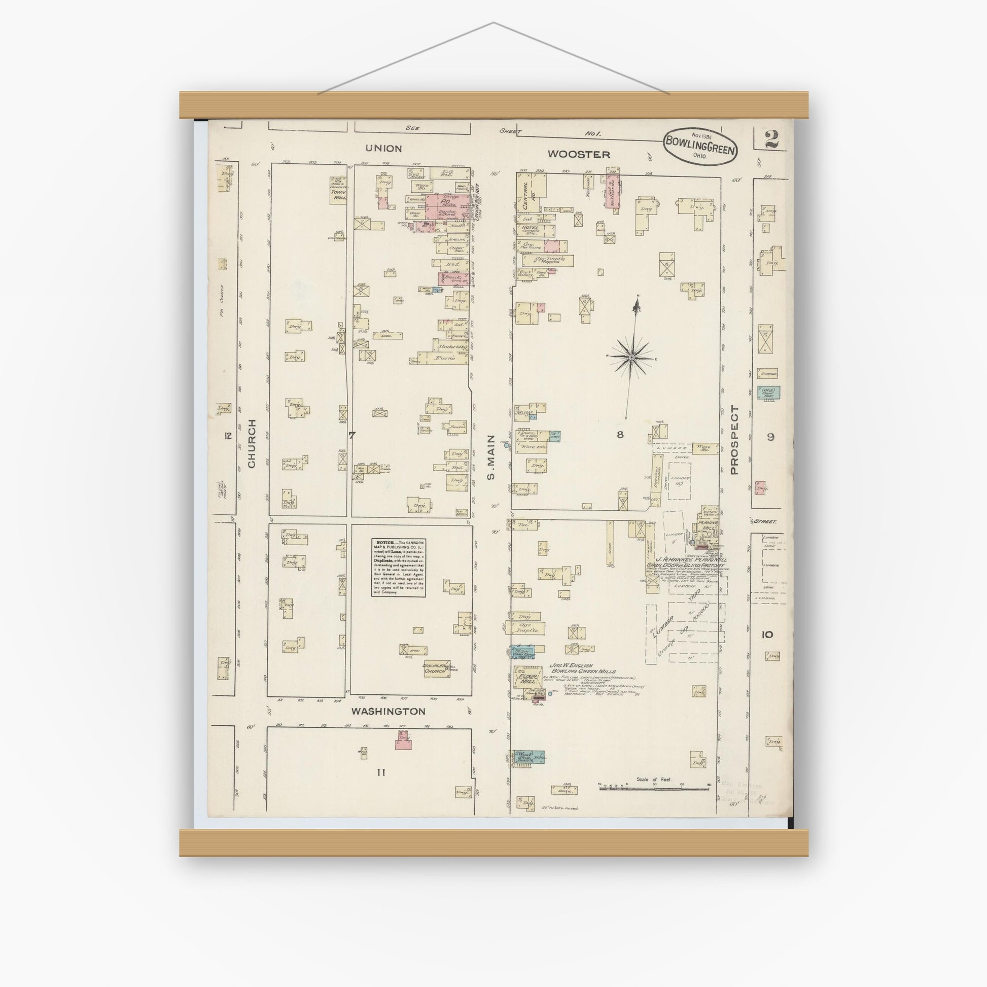 Old map wall art mockup — magnetic wood frame on white wall — Sanborn Fire Insurance Map from Bowling Green, Wood County, Ohio (1884), Sheet #0002
