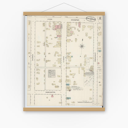 Old map wall art mockup — magnetic wood frame on white wall — Sanborn Fire Insurance Map from Bowling Green, Wood County, Ohio (1884), Sheet #0002
