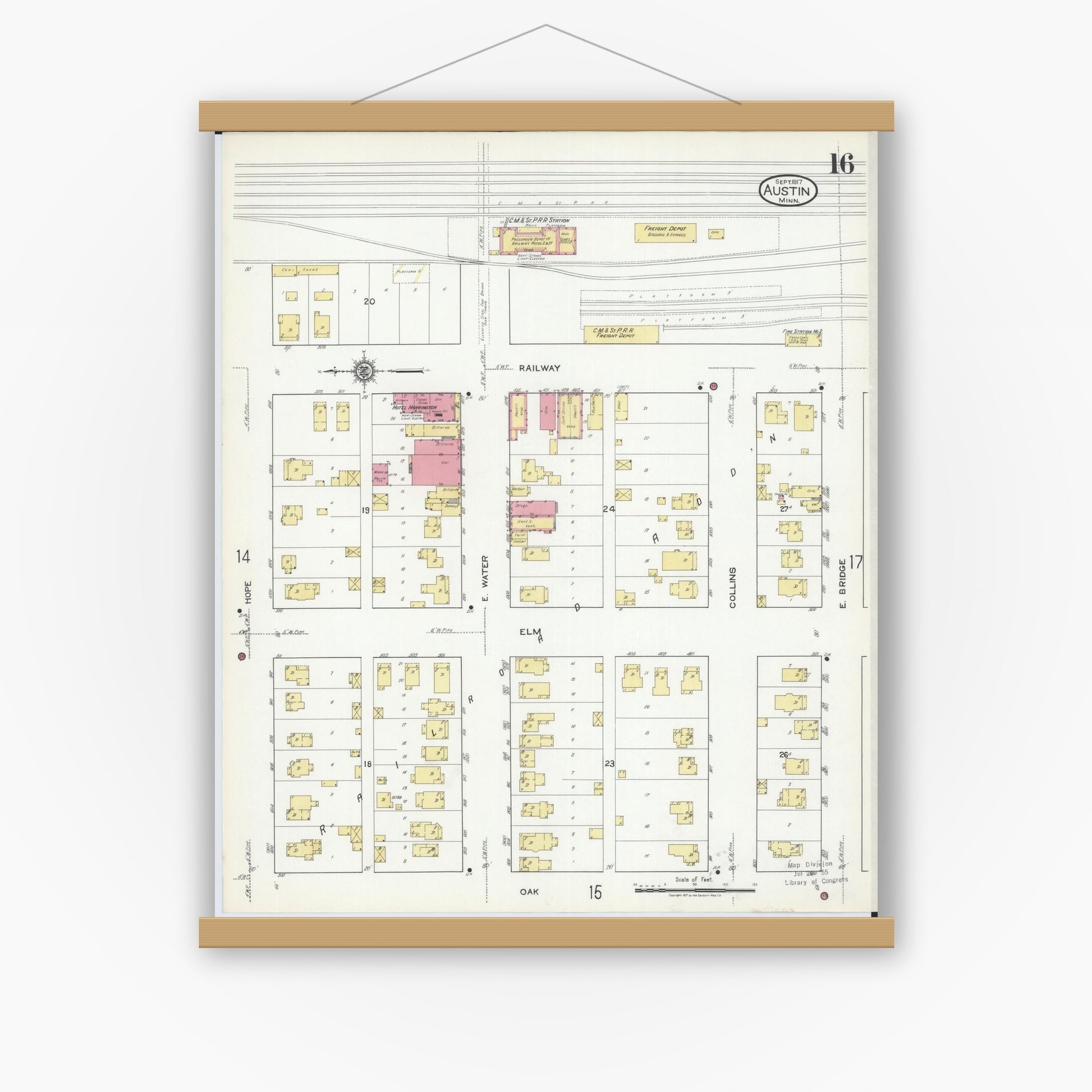Old map wall art mockup — magnetic wood frame on white wall — Sanborn Fire Insurance Map from Austin, Mower County, Minnesota (1917), Sheet #0016