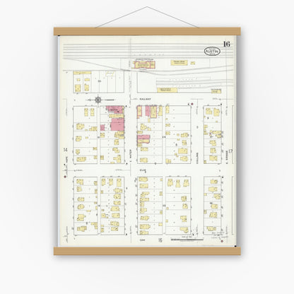 Old map wall art mockup — magnetic wood frame on white wall — Sanborn Fire Insurance Map from Austin, Mower County, Minnesota (1917), Sheet #0016