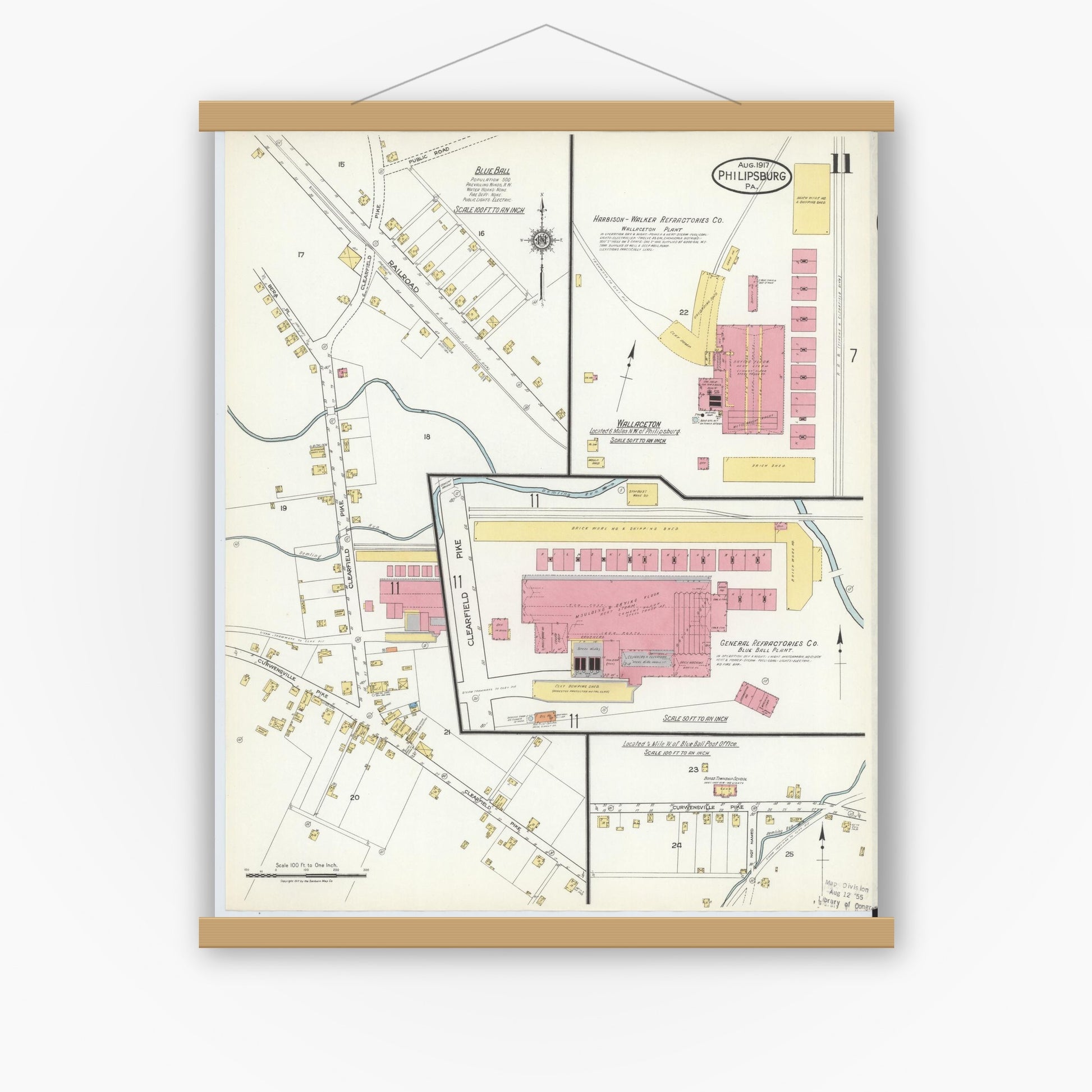 Old map wall art mockup — magnetic wood frame on white wall — Sanborn Fire Insurance Map from Philipsburg, Centre County, Pennsylvania (1917), Sheet #0011