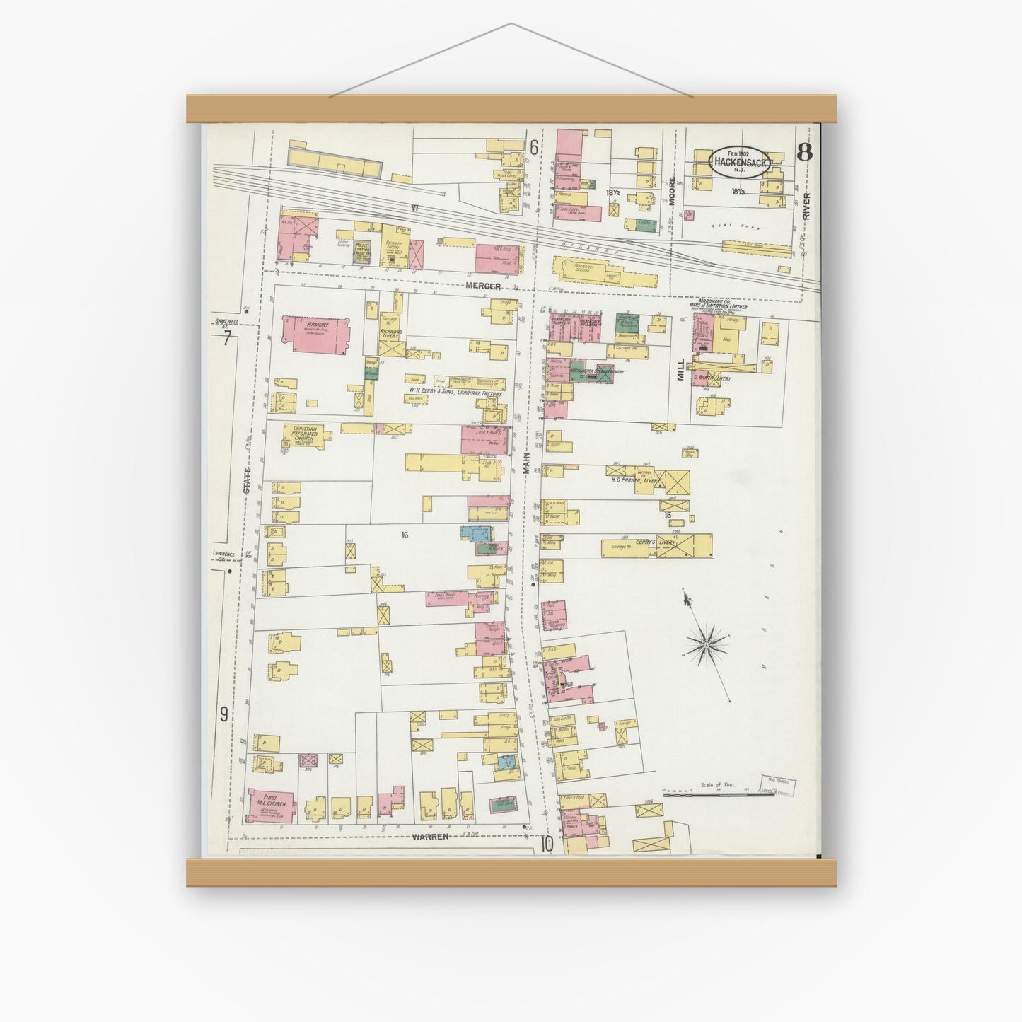 Old map wall art mockup — magnetic wood frame on white wall — Sanborn Fire Insurance Map from Hackensack, Bergen County, New Jersey (1902), Sheet #0008