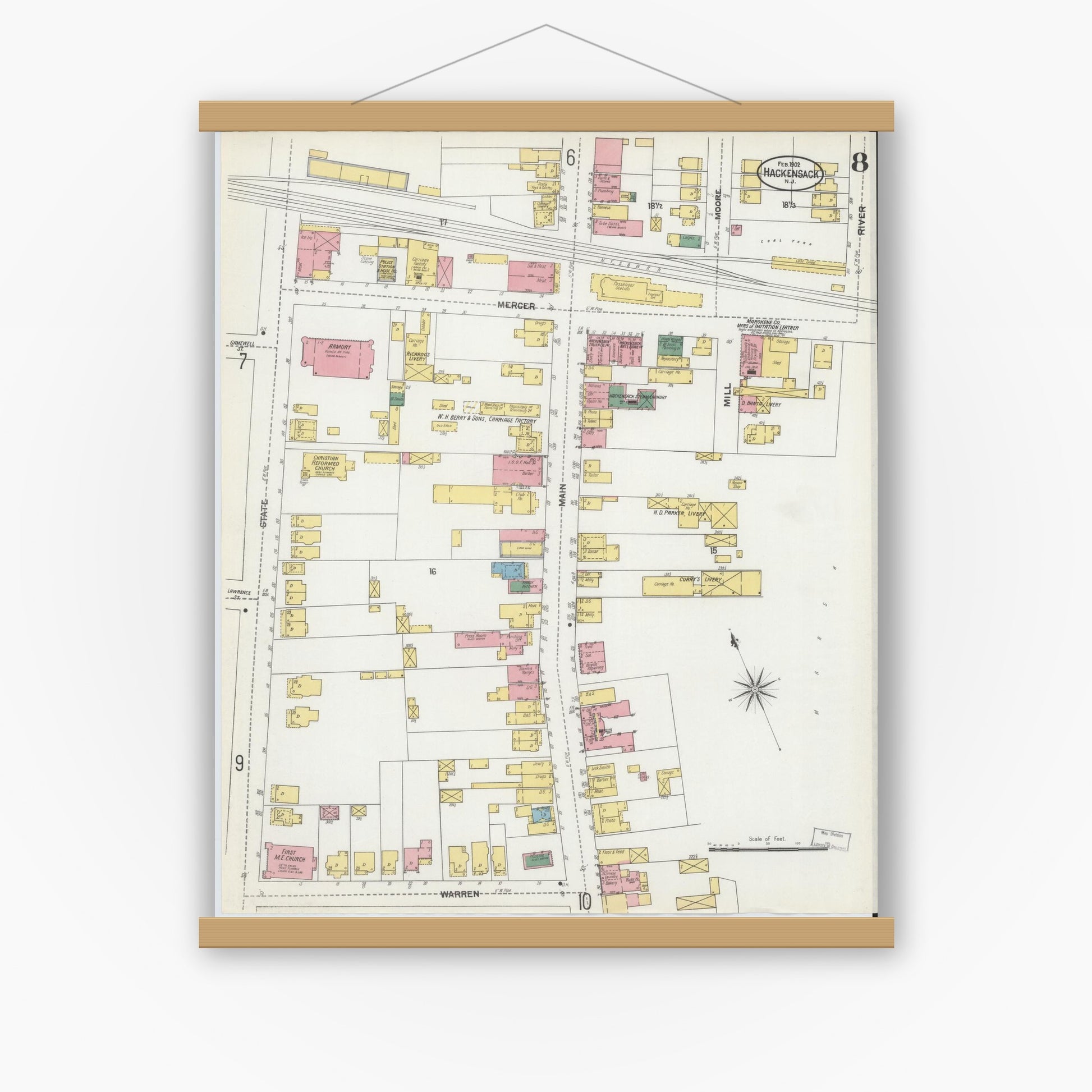 Old map wall art mockup — magnetic wood frame on white wall — Sanborn Fire Insurance Map from Hackensack, Bergen County, New Jersey (1902), Sheet #0008